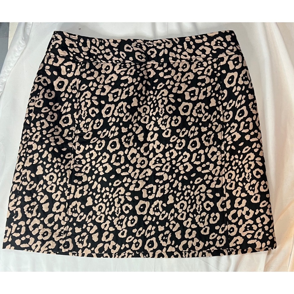 LOFT Ann Taylor Black Tan Leopard Animal Print Mini Skirt Size 12 Zip Pockets